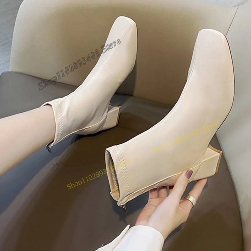 

Однотонные матовые кожаные ботинки до середины икры, женская обувь на низком массивном каблуке с квадратным носком и молнией сзади, модная сексуальная женская обувь на каблуке, 2023