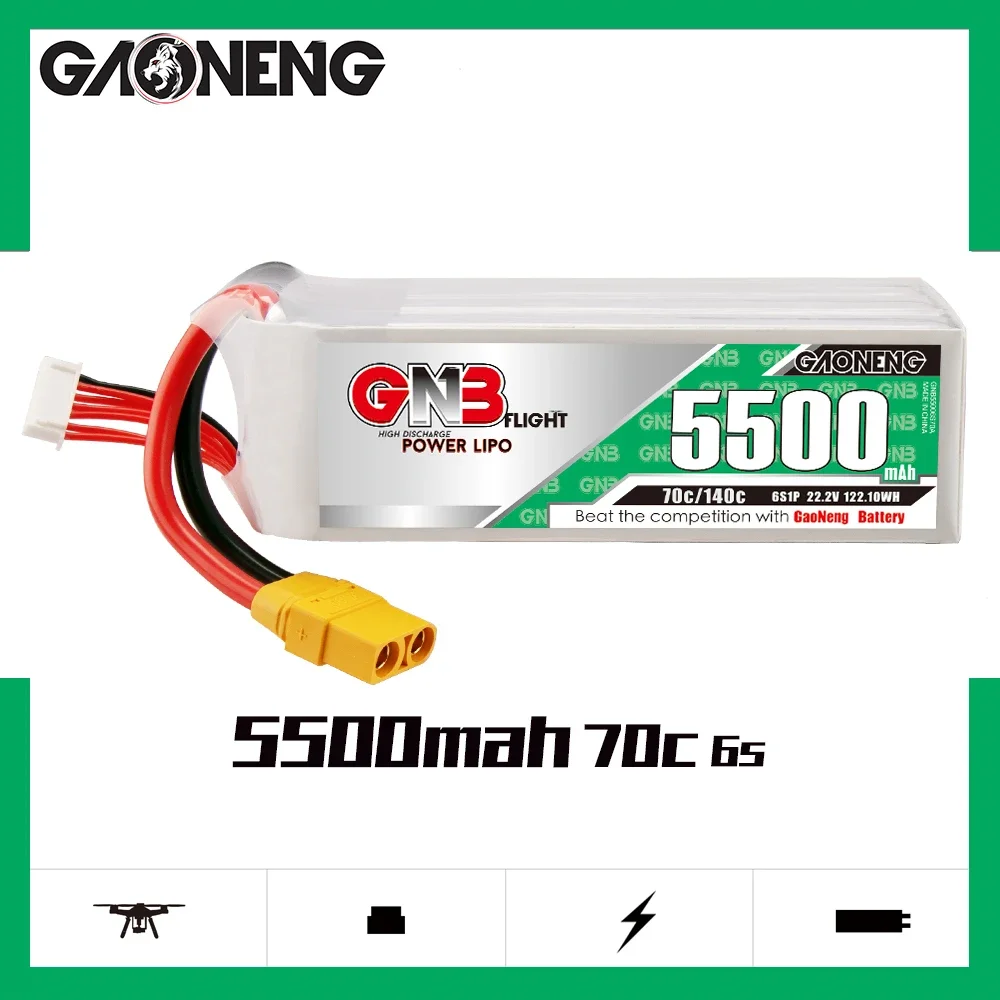 

GAONENG GNB 5500mAh 6S1P 22.2V 70C/140C Light Weight Lipo Battery XT90S Plug For FPV Drone RC Helicopter Car Boat UAV RC Parts