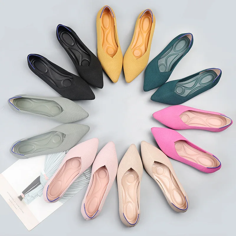 

2023 Women Shoes Spring New Leopard Print Solid Color Ballet Flats Knitted Comfortable Pointed Shoes Flat Footware Plus Size 43