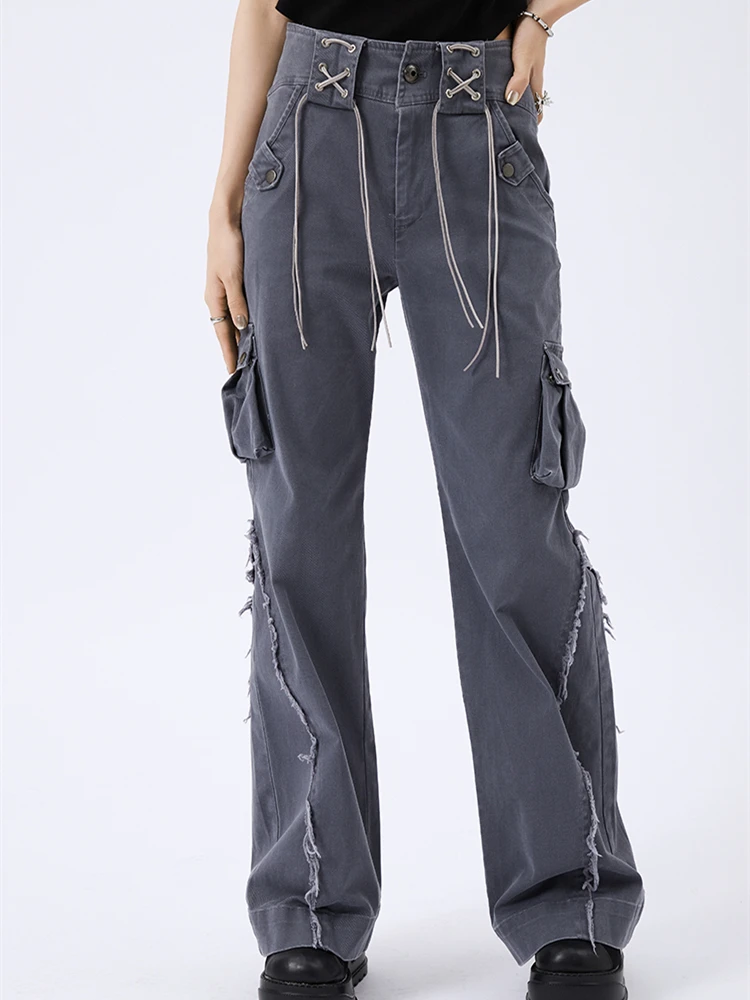 

Stitching Raw Edge Gray Jeans Women's Summer American Retro Loose Design High Waist Straight Wide Leg Micro Flared Pants Female
