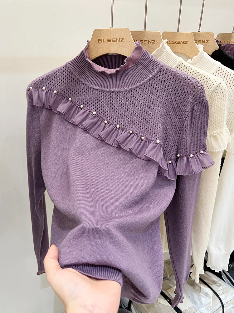 

2023 Spring Women's Designed Half-High Collar Long Sleeves Knitwear Sweater Korean Fashion Ruffled Solid Color Pullovers Tops