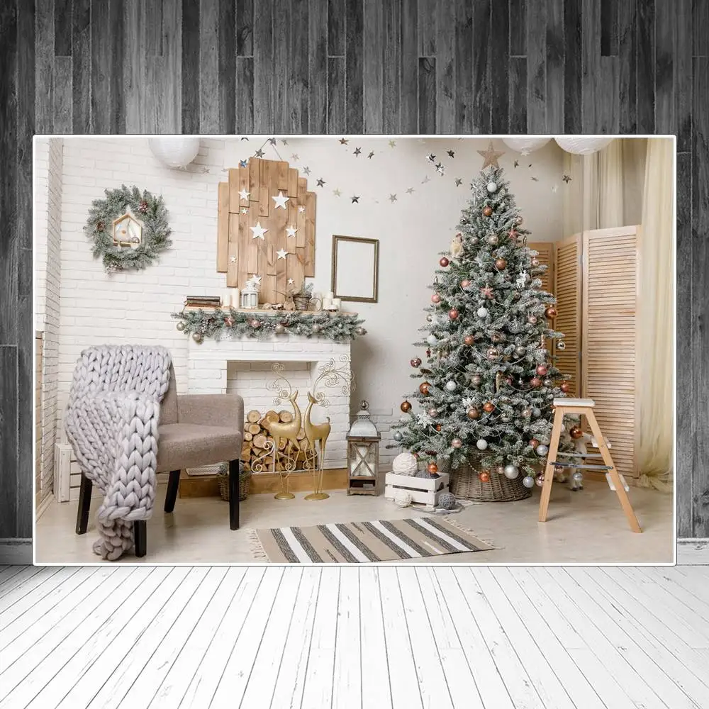 

Фон для фотосъемки с изображением рождественской елки камина деревянного экрана интерьера