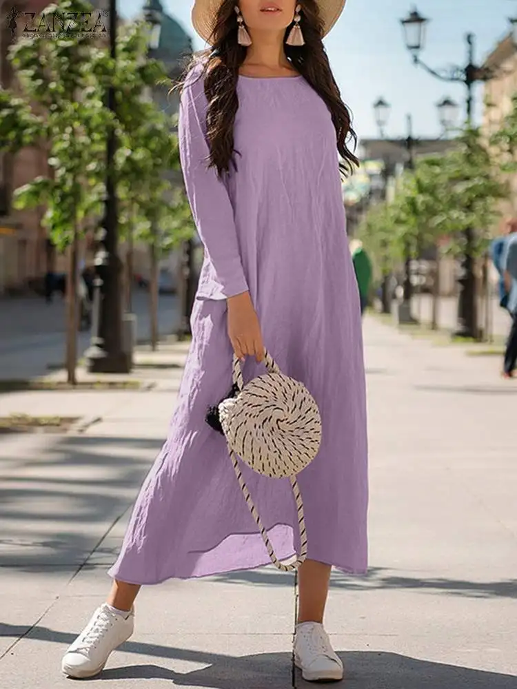 

Модные женские платья-миди ZANZEA Лето-Осень 2022 хлопковые платья с длинным рукавом Повседневные однотонные праздничные пляжные мешковатые са...