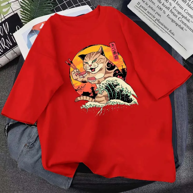 

2021 Summer New Product Japanese Ocean Cat Print T-Shirt 14-Color Large-Size Round Neck Cotton Short-Sleeved Daily Simple Top