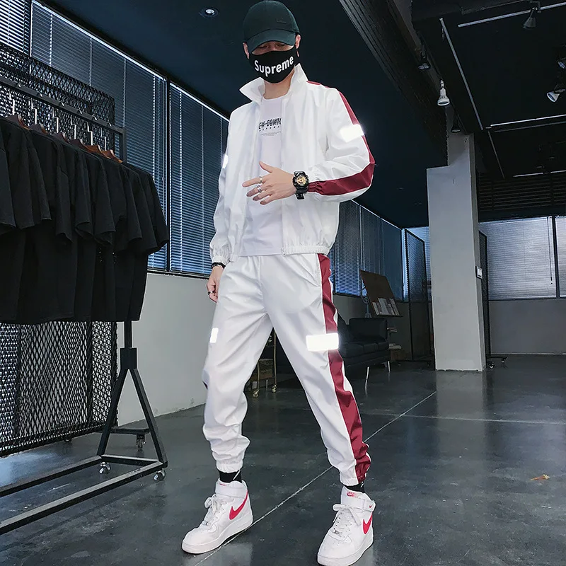 

2022 Spring and Autumn New Hoodie Trendy Casual Two-Piece Suit Stitching Couple Cardigan Reflective Suit men clothes