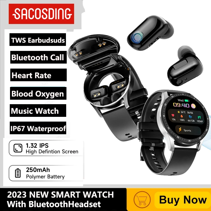 

NEW Smart Watch Two In One TWS Wireless Bluetooth Call Headset Full-Touch Large Screen Heart Rate Monitor Sport Music Smartwatch
