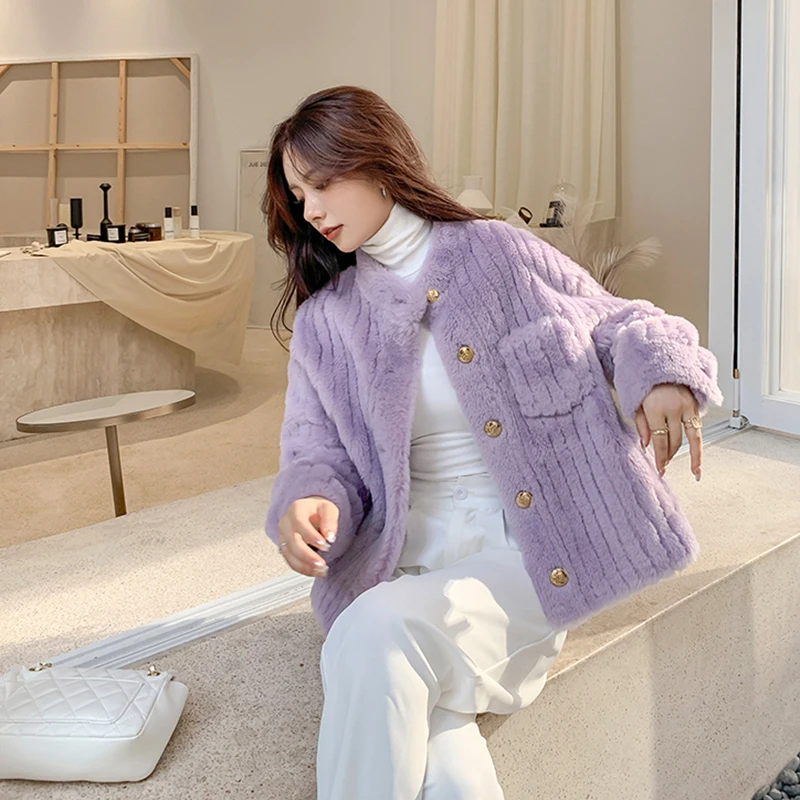 Women's Winter Sheepskin Coat Solid Casual Standing Collar Lamb Fur Single Breasted Bar Texture Real Fur Cropped Jacket Female