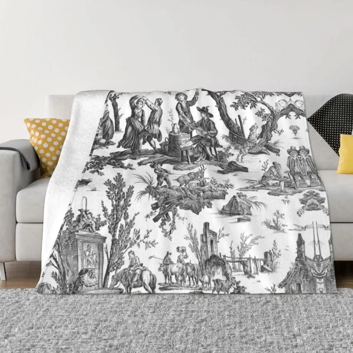

Black and White Toile De Jouy Blanket Soft Fleece Warm Flannel French Motifs Floral Throw Blanket for Sofa Office Bed Quilt Gift