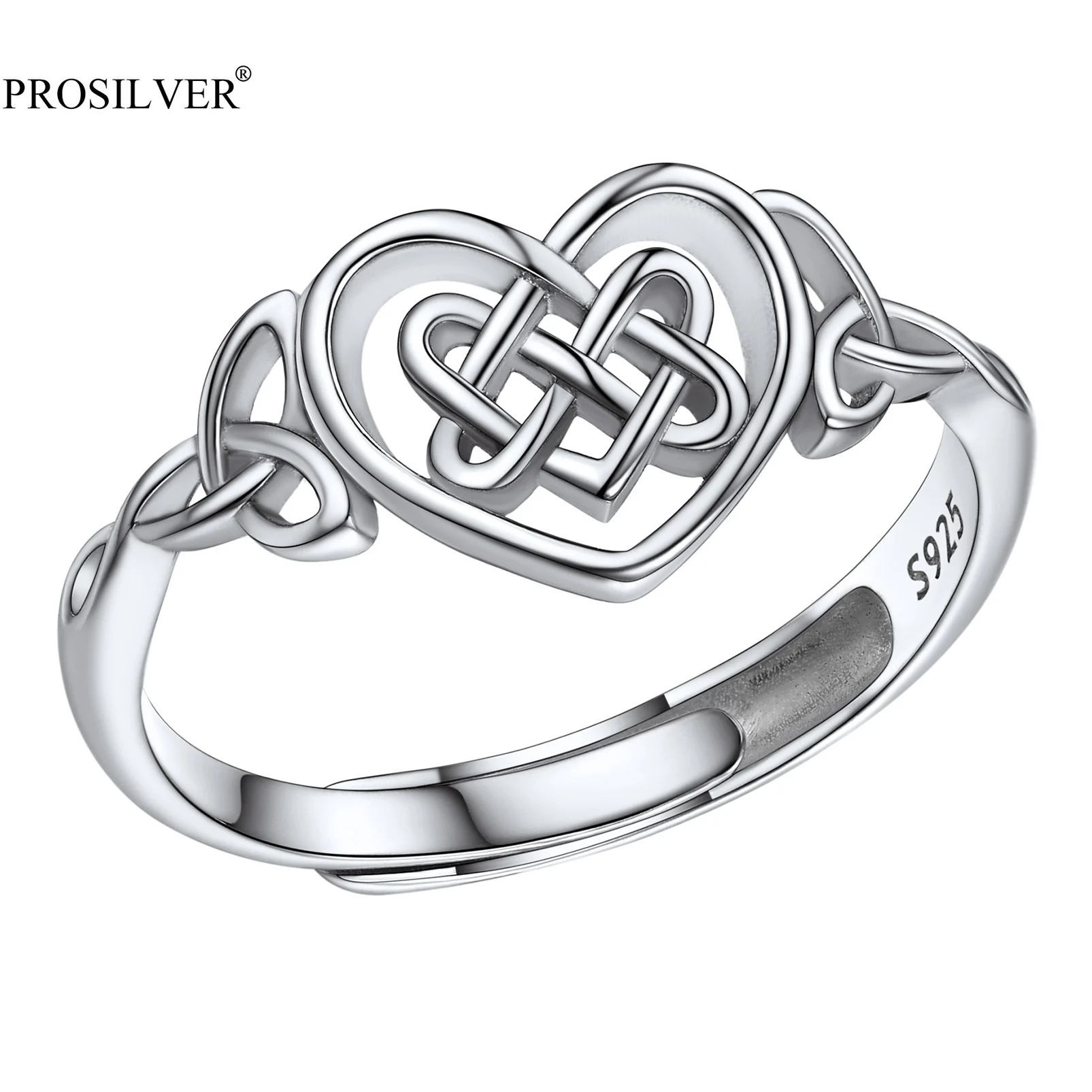 

PROSILVER 925 Sterling Silver Vintage Celtic Heart Irish Love Knot Ring Stylish Open Stackable Rings for Women Girl PYR15120B