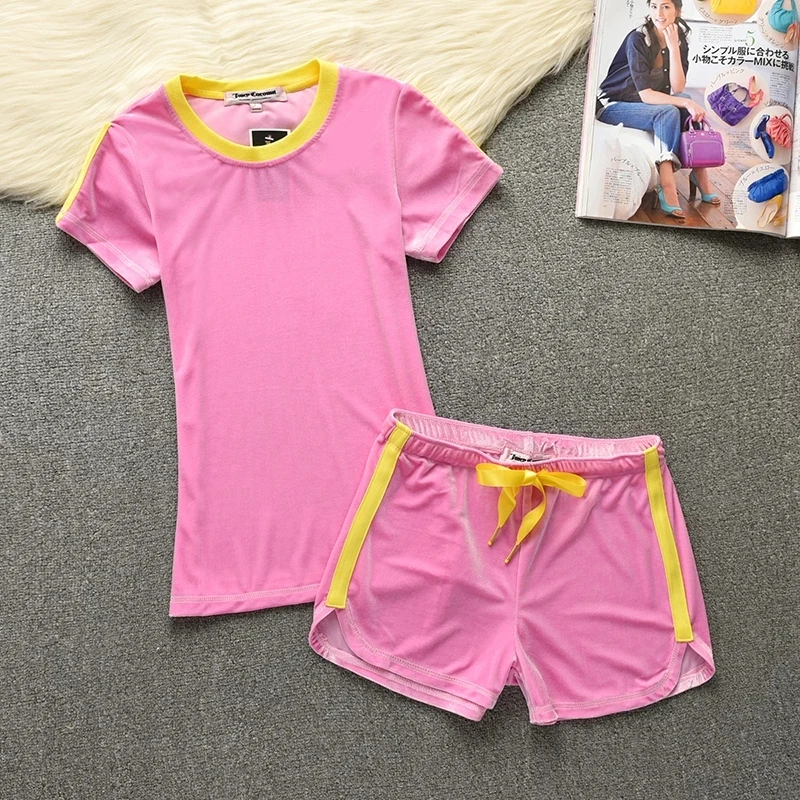 

Summer Velvet suit Women's Brand Tracksuits 2 Pieces T Shirt and Short Pant Velour Suit sportswear Solid Sports Suit