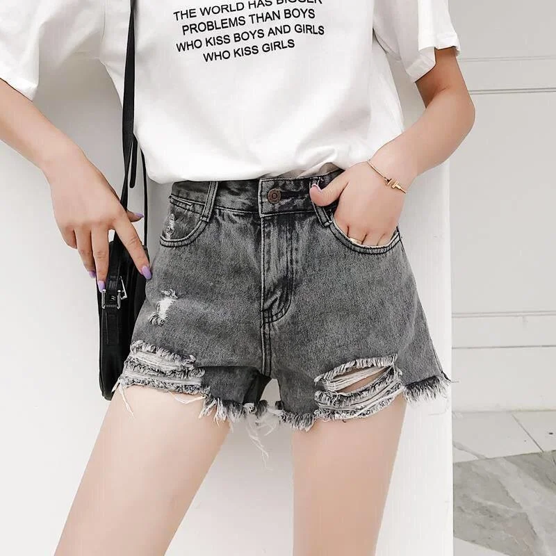 

Women High Waist Ripped Hole Washed Jeans Shorts Female Summer Casual Loose Plue Size Wide-leg Hot Shorts Fashion