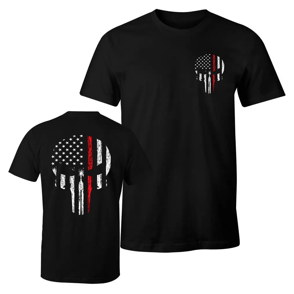 

Thin Red Line USA Flag Firefighter Skull Patriotic T-Shirt. Summer Cotton Short Sleeve O-Neck Mens T Shirt New S-3XL