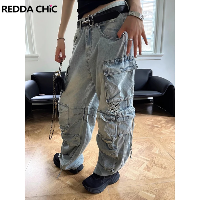 

REDDACHiC Light Blue Pockets Baggy Jeans Women Ripped Destroyed Denim Wide Leg Cargo Pants Hiphop Trousers Grunge Y2k Streetwear