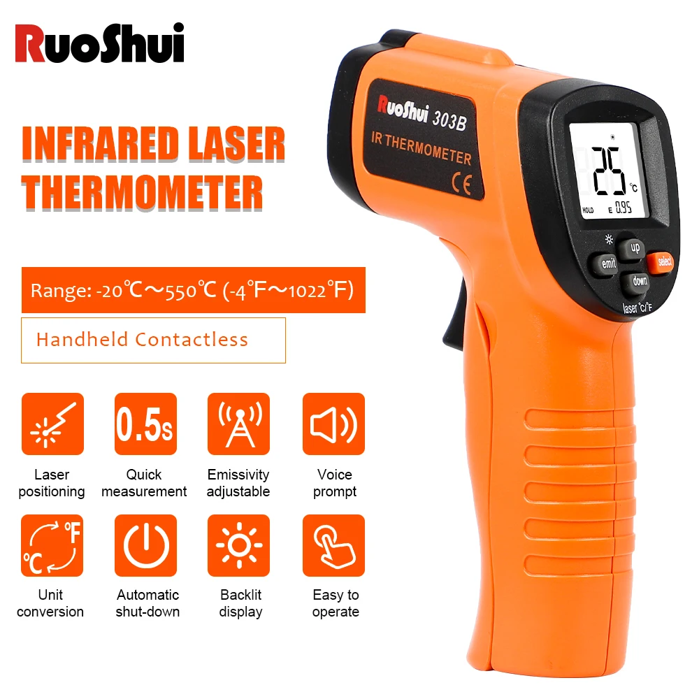 RuoShui 303B Digital Infrared Thermometer Portable Handheld Temperature Meter Non-Contact LCD Laser -20~550℃ Pyrometer IR Tester