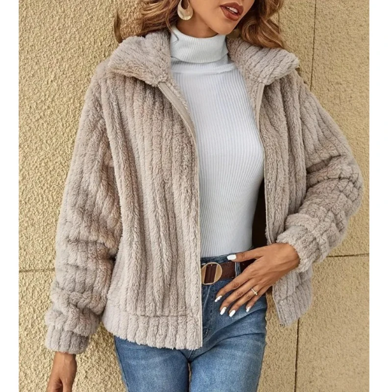 Женский Плюшевый Кардиган Короткое Пальто С Отложным Воротником Однотонный