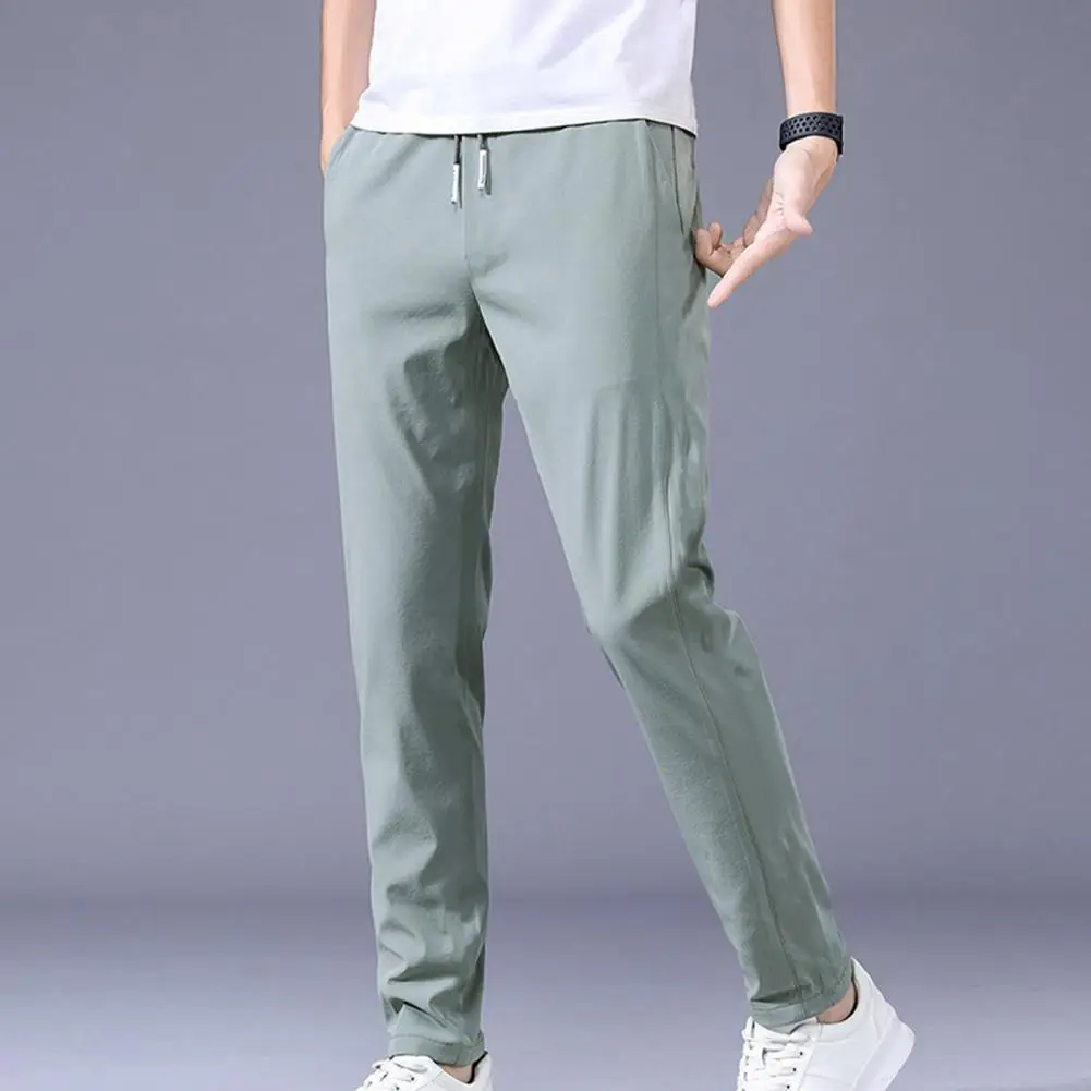

Men Pants 3D Cutting Drawstring Shrink Resistant Summer Solid Color Straight Fit Thin Trousers Business Pants Workwear