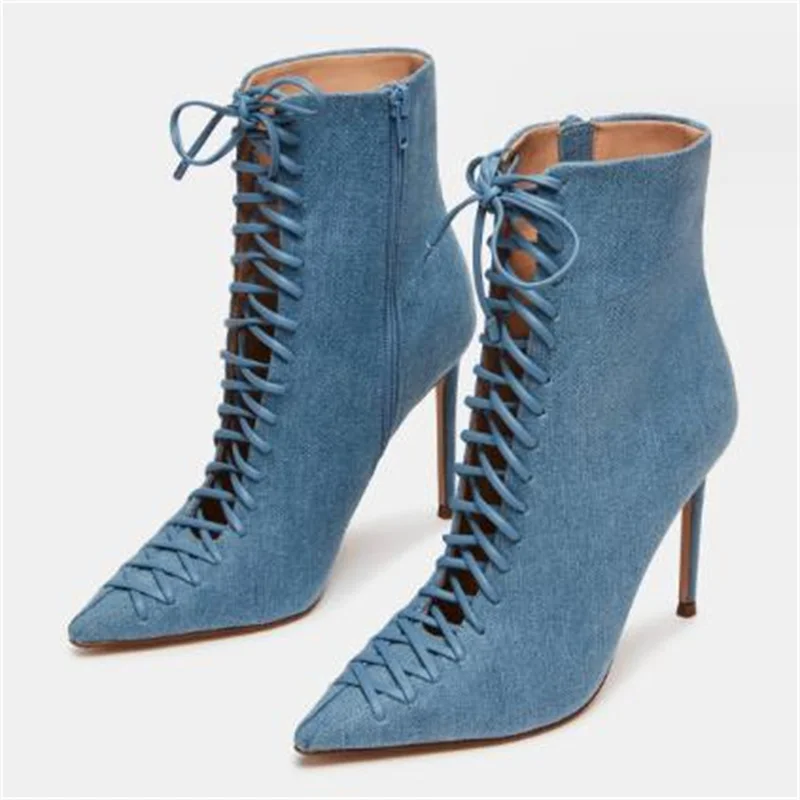 

Crossover Strap Shoes for Women Denim High Heels Pointed Toes Chassure Femme Side Zippers Zapatos Lace-up Female Solid Boots