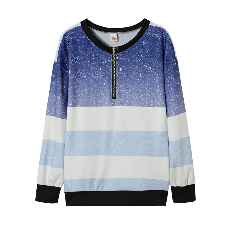 Striped Digital Printing Sweatshirts Women Loose Zipper V-neck Pullovers Tops Autumn Winter Ladies Long Sleeve Casual T-shirts