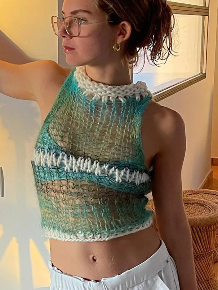 Y2K Clothes Contrast Color Sweater Sleeveless Hollow Out Crochet Blouse Crop Top Women 2022 Summer New Sexy Fashion Street Vest |