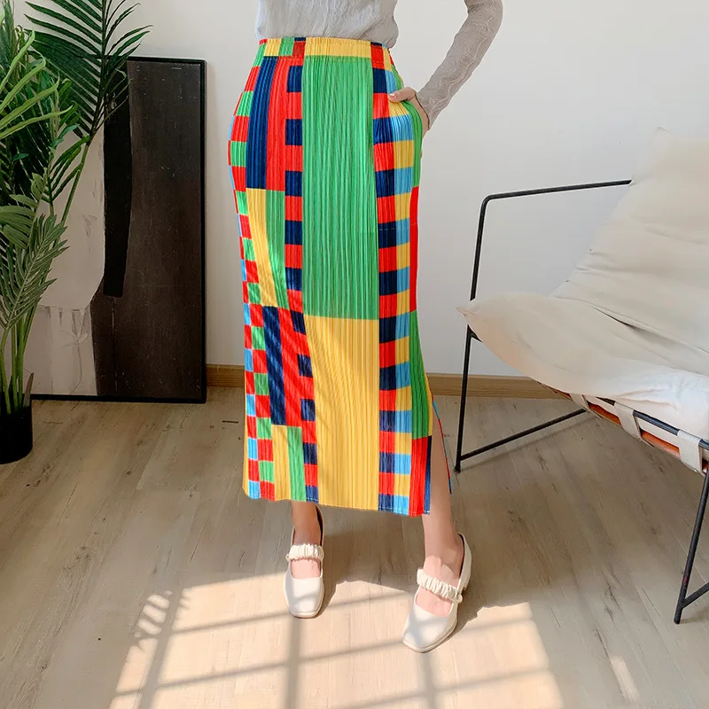 

Pleated Elastic Waist Printed Halfskirt Mid length Fashionable Straight pleated Skirt