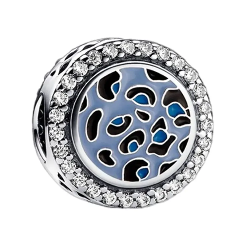 

Round Blue Enamel Leopard Texture Charms Beads For Women 925 Sterling Silver Original Jewelry Making DIY Bracelets Clear Zircons