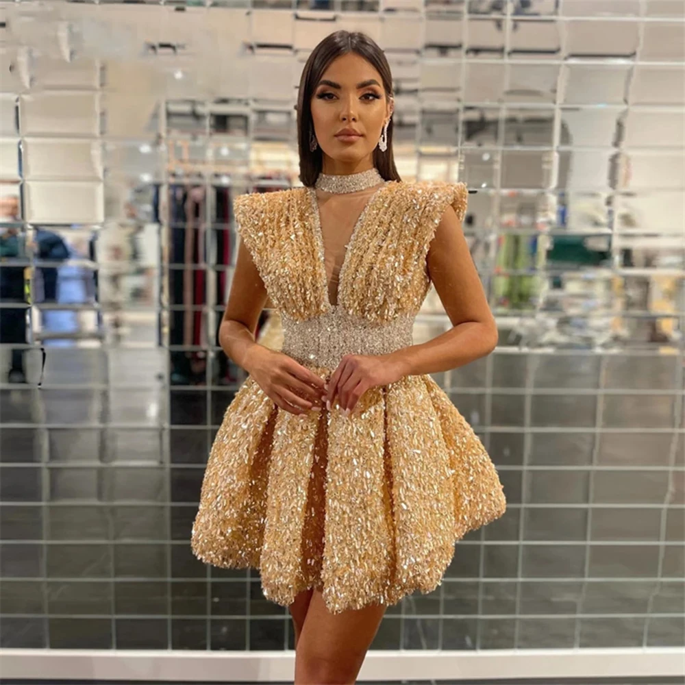 

Champagne Sequins Short Party Dress 2023 Graduation Dresses Customize Beaded Cocktail Prom Dress Women Evening Gowns