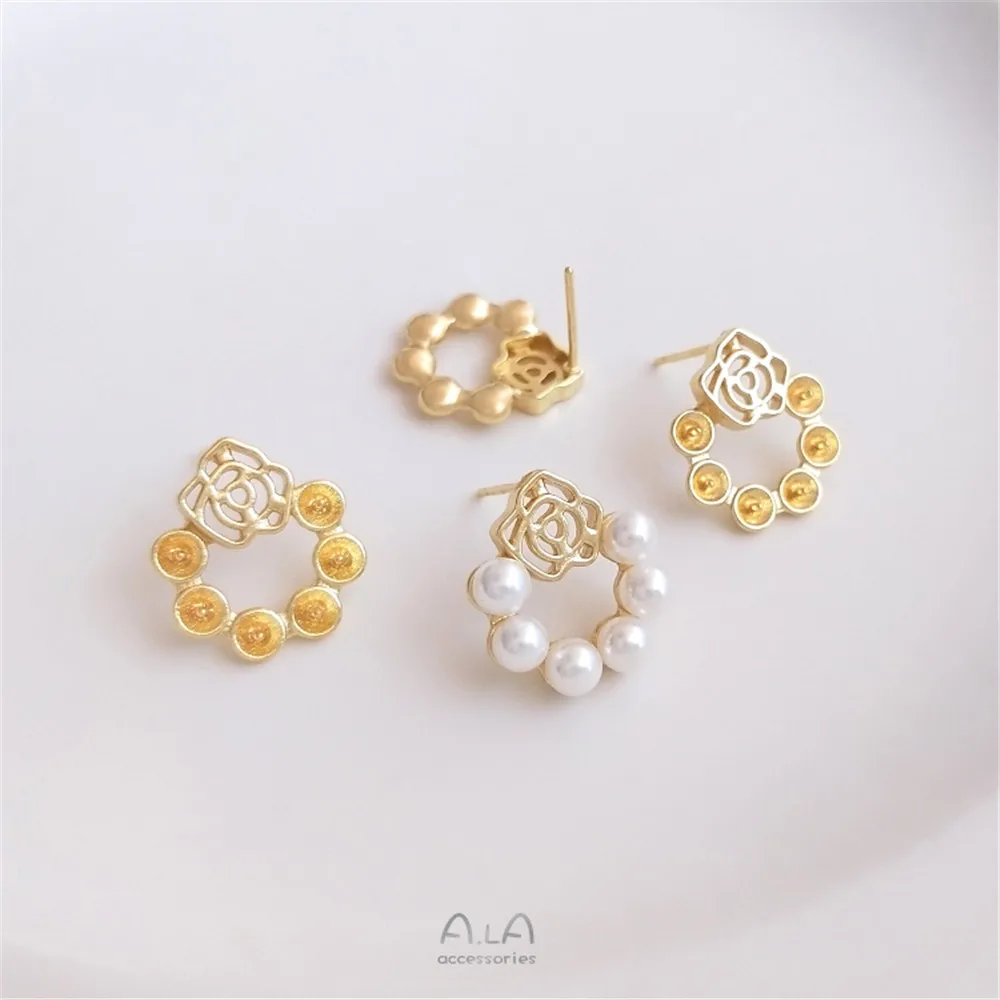 

14K gold rose ring half-hole bead stud 925 Tremella needle DIY handmade sticky pearl empty ear stud