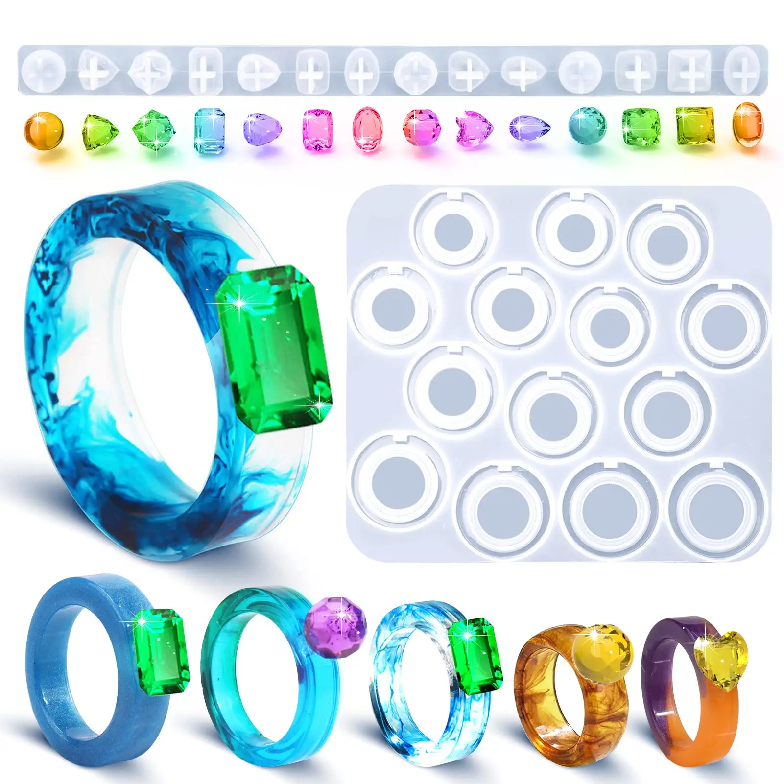 

Diamond Rings Mold Set DIY Resin Epoxy Silicone Mold Earring Necklace Molds With 14 Different Sizes For Crafts Jewelry Making