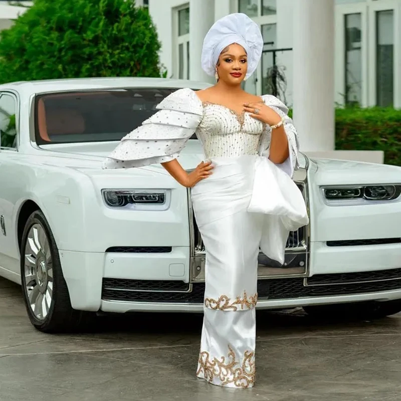 

Traditional Nigerian White Prom Dresses Fashion 3D Short Sleeves Tiered Beading African Formal Dress Aso Ebi Wedding Party Gowns