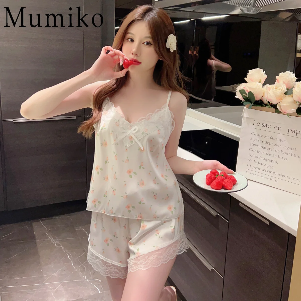 Fashion Women Pajama Suit V-Neck Stretch Satin Babydoll Lace Sexy Lingerie Bowknot Pyjamas Sleep Shorts Set Sleepwear New