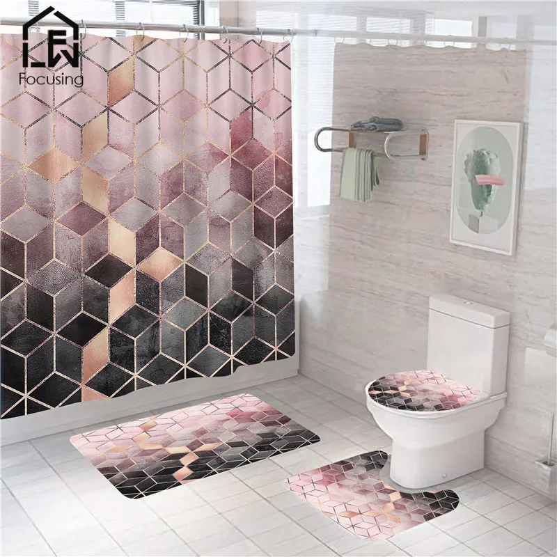 

Gradient Marble Shower Curtain Polyester Fabric Bathroom Partition Luxury Toilet Mat Set Bathtub Screen Soft Rug Home Decoration