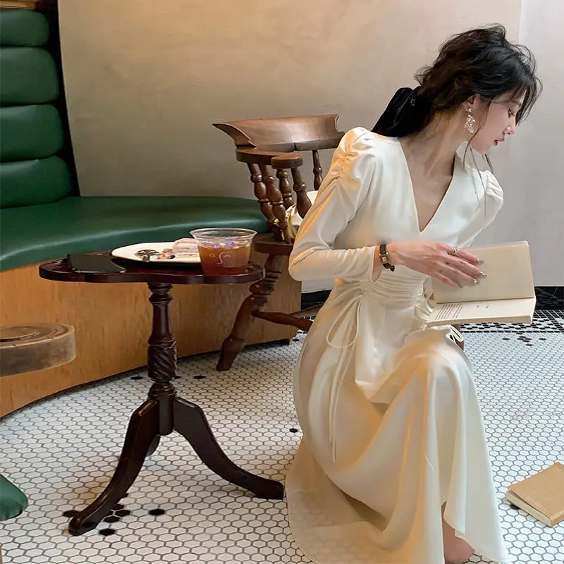 

Повседневное длинное платье-трапеция на шнуровке с V-образным вырезом платье-рубашка с длинным рукавом Весна-Осень Женские сексуальные однотонные вечерние платья макси T570