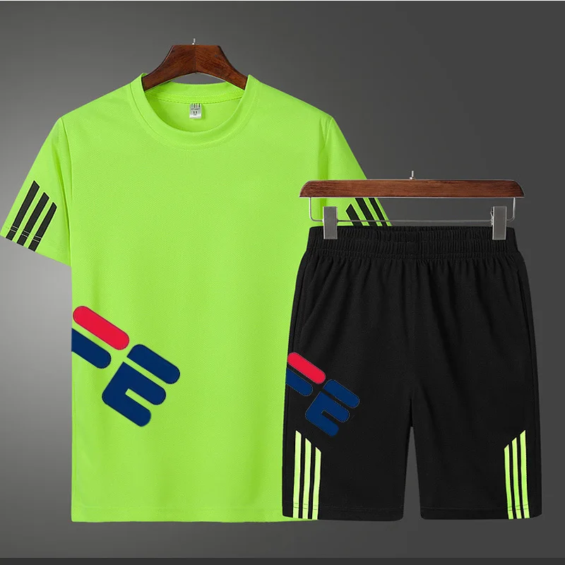 

New LOGO summer men's sportswear brand fitness suit running clothes leisure suit T-shirt + shorts breathable two-piece sportswea