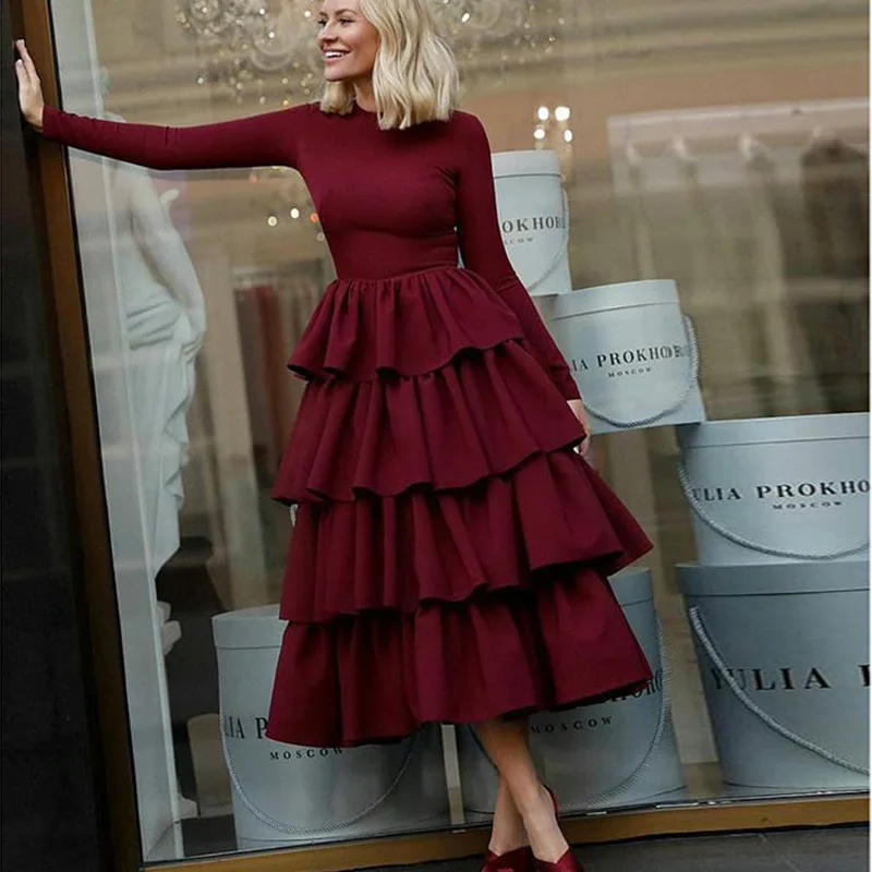 Купи Women Dress Wine Red Ruffles Long Dress Long Sleeve High Waist Ladies Dresses Party Temperament Maxi Dresses Elegant 2022 New за 1,022 рублей в магазине AliExpress