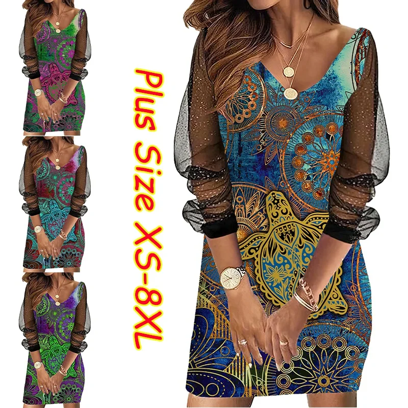 

2022 Summer Spring Women's Turtle Tattoo Printed Mesh Sleeves Panel Dress