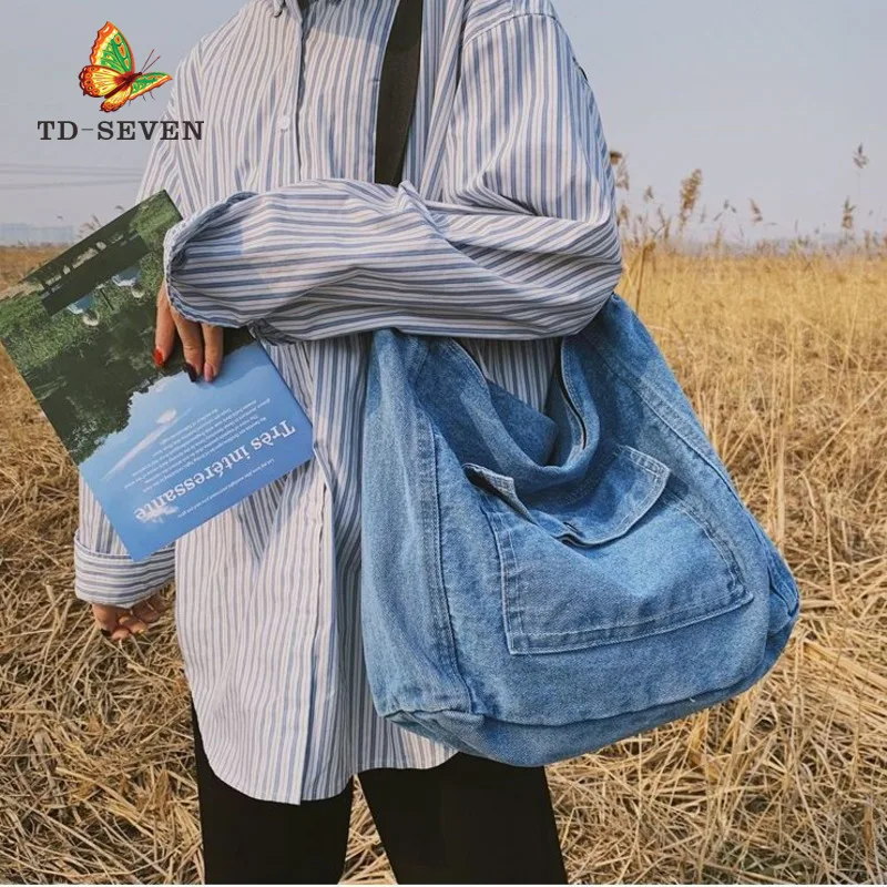 

Women Denim Messenger Bag Large Capacity Canvas Bag Single Shoulder Bag Student Bag Canvas Crossbody Purse Beach Bags Women