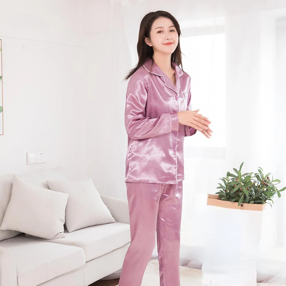 Silk Satin Pajamas Set Couples Solid Color Long Sleeve Sleepwear Suit Female Sleep Two Piece Set Loungewear