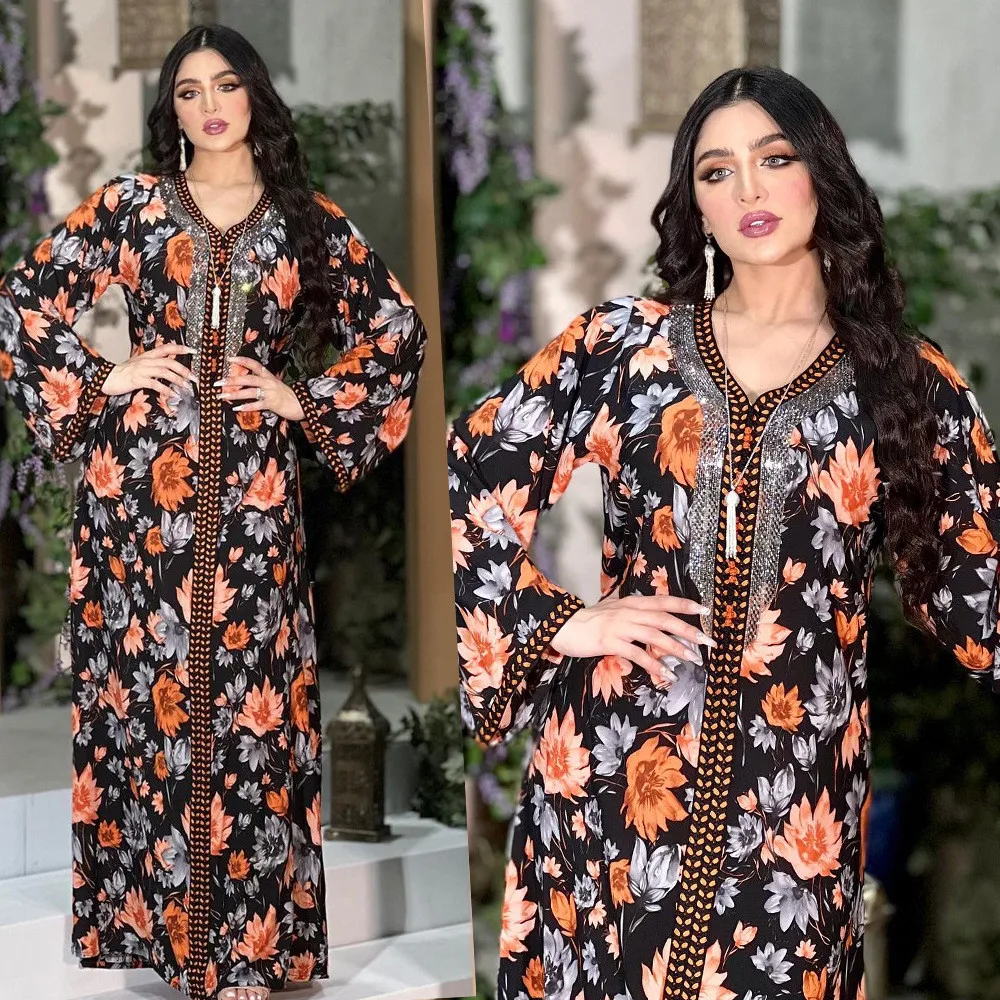 

Floral Print Maxi Long Dress for Women Ethnic Diamond Ribbon V Neck Middle East Muslim Jalabiya Autumn 2022 Abaya Eid Ramadan