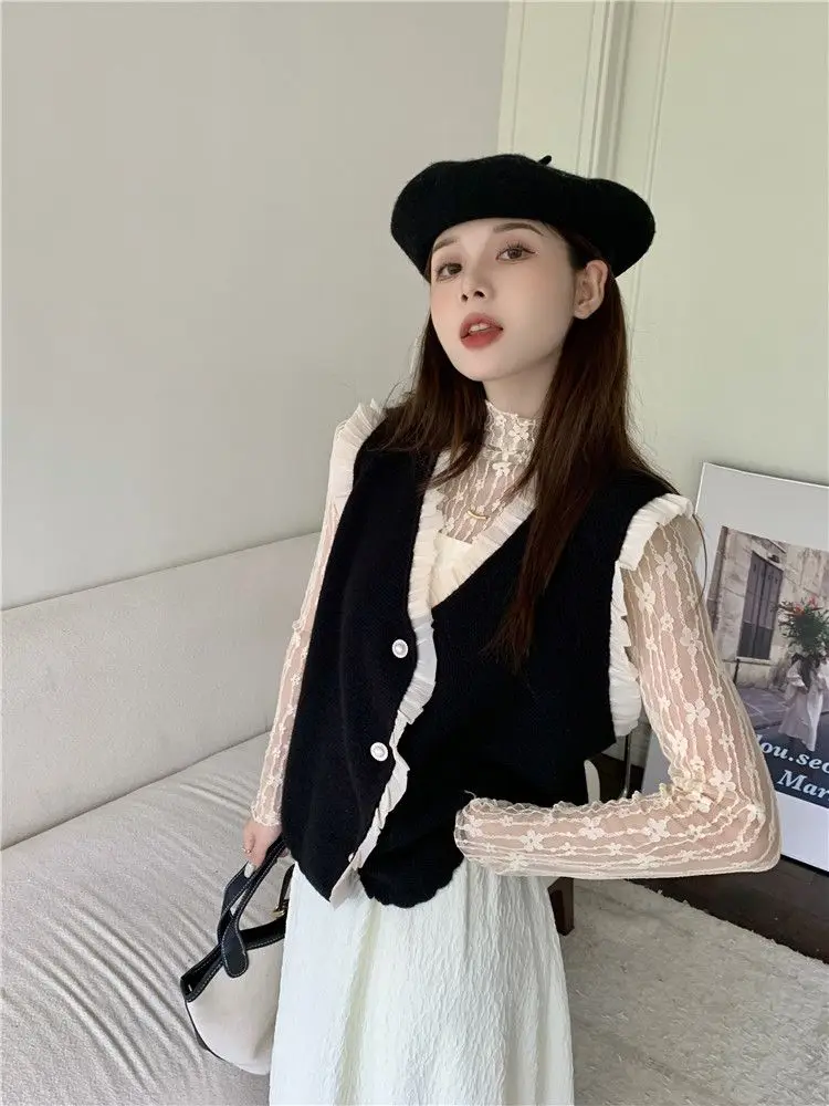 Женский осенне-зимний корейский свободный модный кружевной лоскутный трикотаж с