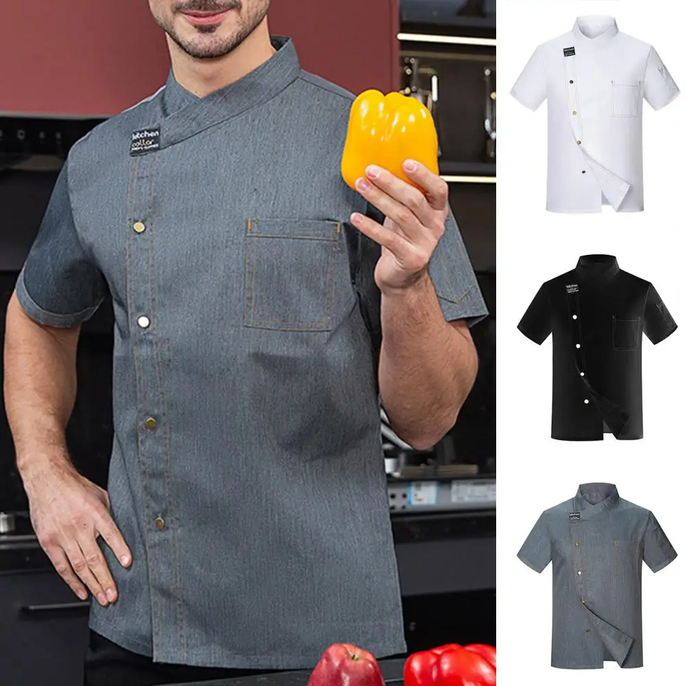 

Chef Uniform Stand Collar Short Sleeve Patch Pocket Buttons Placket Anti-dirty Women Men Service Bakery Cooking Coat Waiter