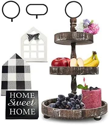 

3 Tiered Tray Stand with Farmhouse Decor, White Tiered Tray Decorative Trays \u2013 3 Tier Cupcake Stand - 3 Tier Serving Tray -