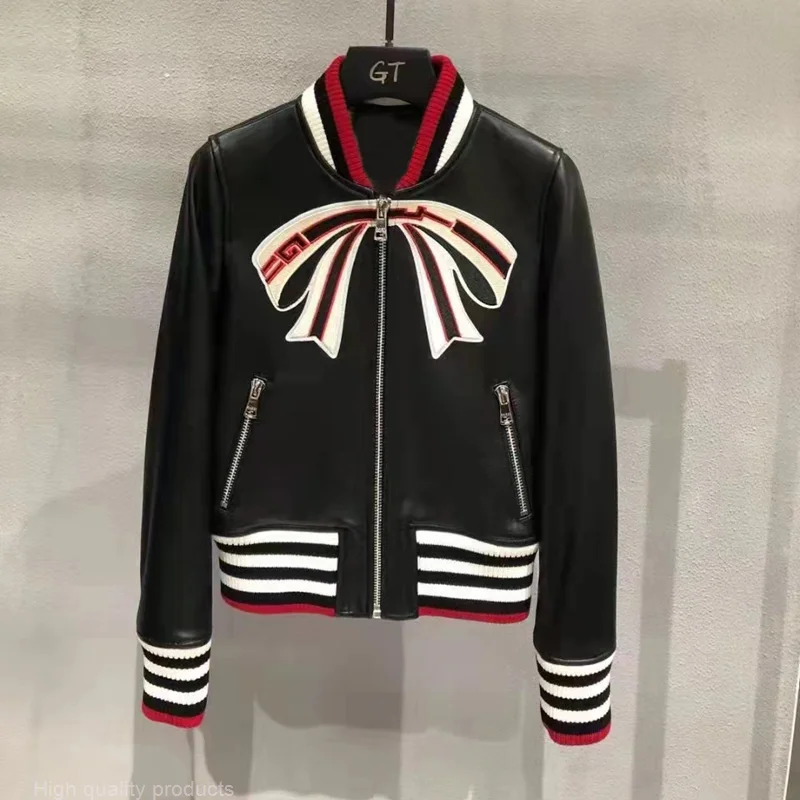 

Women Clothes Spring Short Length Female'S Coat Quality 2023 New Fashion Genuine Leather Splicing Textile Fabrics Bow Pattern