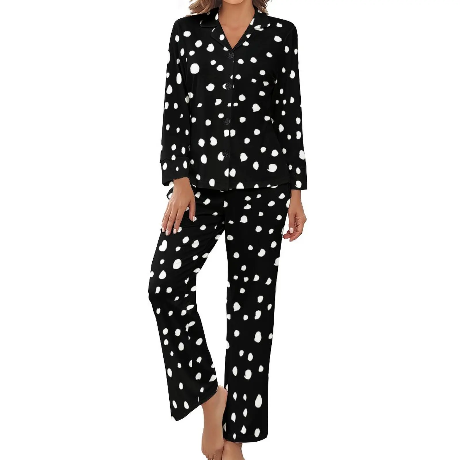 

Dalmatian Spots Print Pajamas Autumn 2 Piece White Polka Dots Romantic Pajama Sets Long Sleeves V Neck Casual Graphic Sleepwear