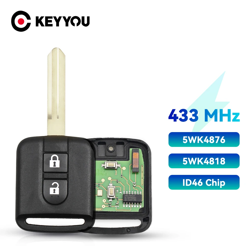 

KEYYOU 433Mhz For Nissan Elgrand X-TRAIL Qashqai Navara Micra Note NV200 2 Buttons ID46 Chip Remote Car Key Fob 5WK4876 5WK4818