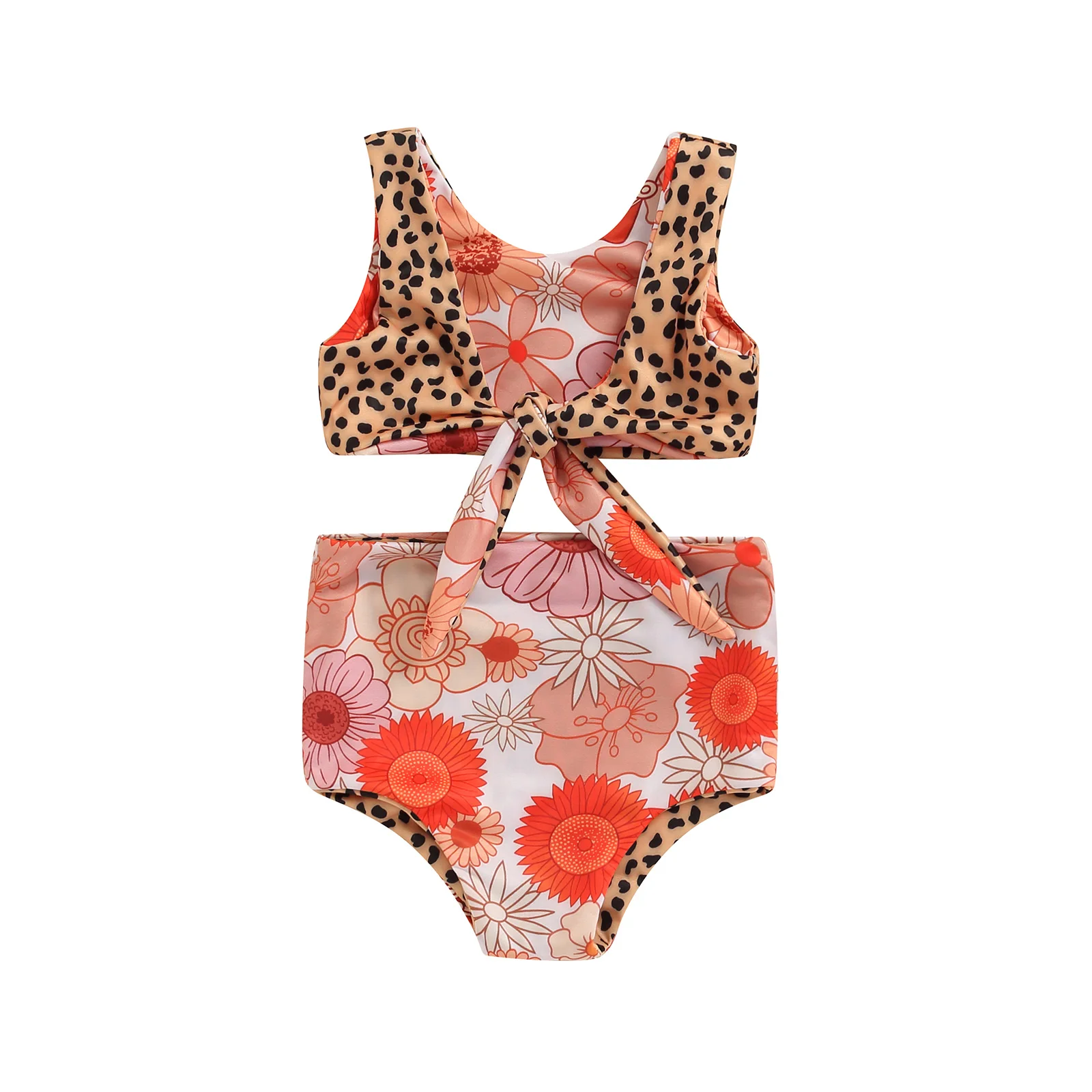 

0-4Y Summer Kids Girl Swimsuit Leopard Print Bow Sleeveless Crop Top+Floral Triangle Shorts Bikini Set Hoilday Beachwear