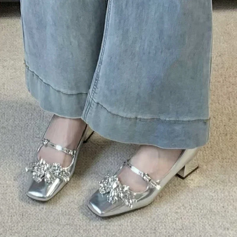 Туфли Мэри Джейн с кристаллами и квадратным носком женские сандалии на высоком