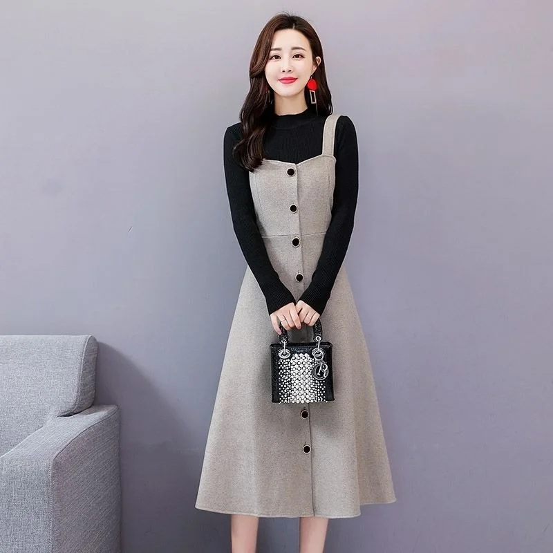 

2022 Korean Sweater Dress Sets Fashion Vintage Style Turtleneck Knitted Sweater + Vest Long Dresses Female Two-Piece Suit X82