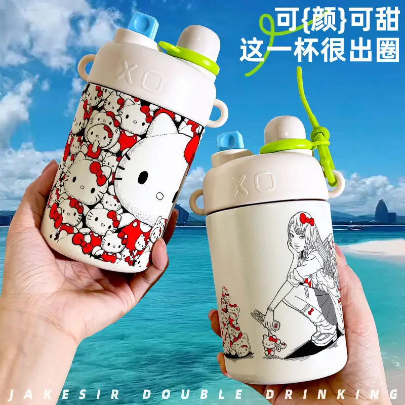 Горячая термочашка Sanrios 500 мл Sus 316 с соломинкой для двойного напитка Kawaii Hello Kitty