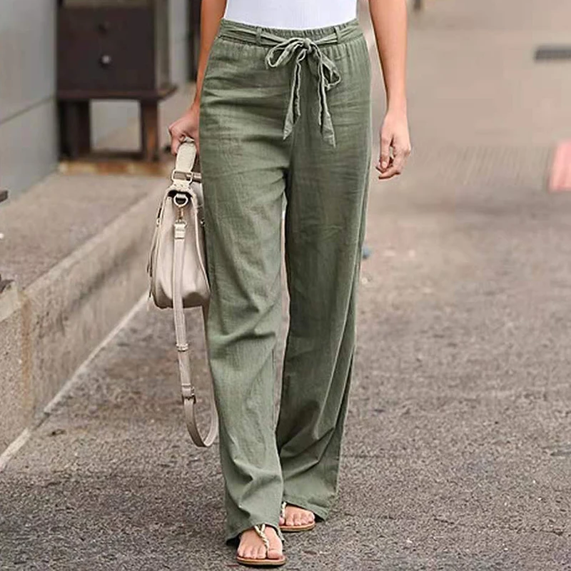 

Women Cotton Linen Pants Solid Color Elastic Waist Straight Trousers Ankle-Length Female Loose Casual Harajuku Wide Leg Pants