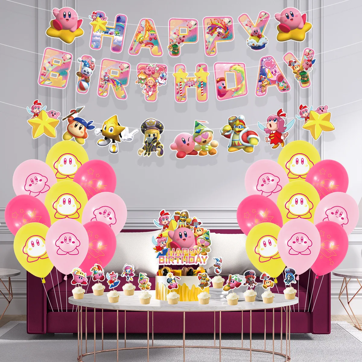 

Anime Kawaii Kirby Theme Party Set The Balloon Cake Drawing Flag Desktop Decoration Ornament Surprise Birthday Party Prop